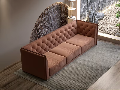 Brown Tufted Three Seater Sofa On Grey Rug With Arched Wall Decor 3d model