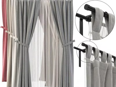 Gray Pink Velvet Sheer Curtains With Double Layer Design Curtain Rod Hooks And Tie Backs 3d model