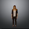 Woman with red hair in black blazer white shirt dark pants sandals against gray background