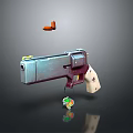 Modern Silver And Maroon Gun With Decorative Details And Floating Elements In 3D Rendering