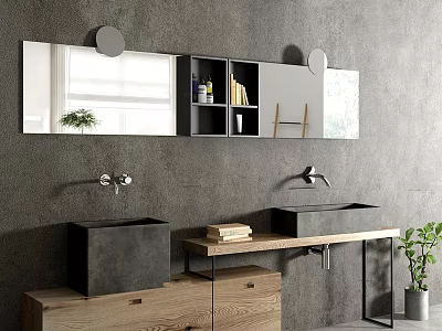 Modern Bathroom Vanity With Double Sinks Wooden Countertop And Mirrors On Gray Wall 3d model