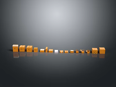 Different Sizes and Colors Storage Boxes Arranged in a Row with Reflective Grey Background 3d model