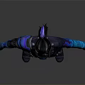 Cyberpunk Themed Male Character With Biomechanical Arm Decorations And Blue Purple Jacket Pants