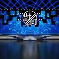 Modern Tech Stage Design With Blue Lighting Geometric Patterns And Circular Logo 3d model