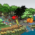 Scenic Garden Recreational Area With River Bridge Slide Pumpkin Shaped Structure Green Trees And Flowers