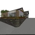 Traditional Modern Homestay Building with Tile Roof Courtyard Greenery and Wooden Elements