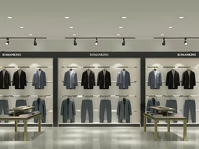 Modern ROMONI Clothing Store Featuring Suits Shirts Pants On Display Racks And Lighting 3d model