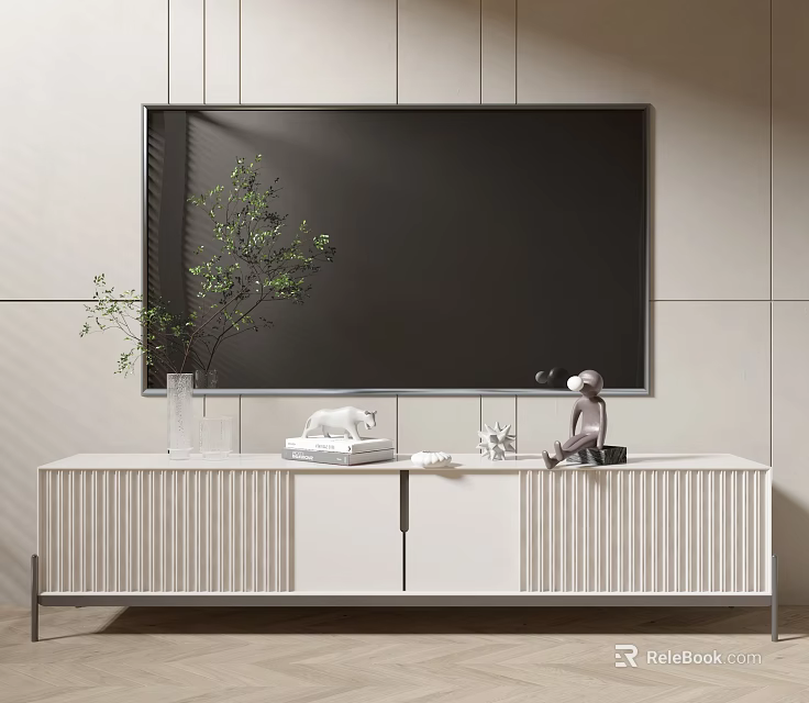 Modern White TV Stand with Green Plant Decorative Items and Storage Cabinets 3d model 