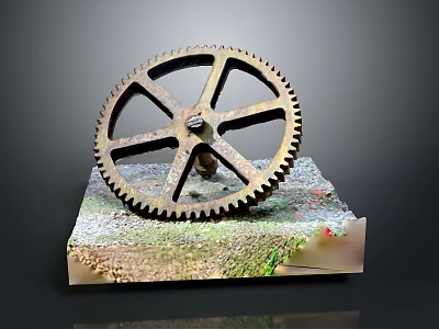 Vintage Hardware Tool Gear Sitting on Rustic Base with Moss and Colorful Spots 3d model