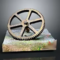 Vintage Hardware Tool Gear Sitting on Rustic Base with Moss and Colorful Spots 3d model