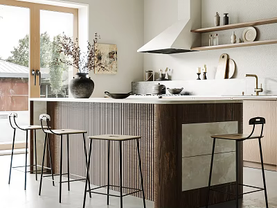 Modern Restaurant Open Kitchen Featuring Island Counter Bar Stools Windows And Decorative Art 3d model