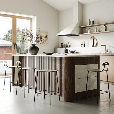 Modern Restaurant Open Kitchen Featuring Island Counter Bar Stools Windows And Decorative Art 3d model