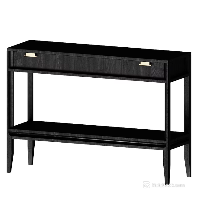 Modern Black Wooden Console Table With Two Drawers Gold Handles And Open Shelf 3d model 