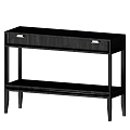 Modern Black Wooden Console Table With Two Drawers Gold Handles And Open Shelf