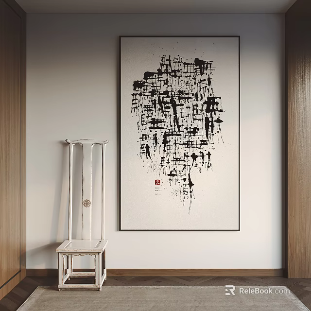 Modern Minimalist Abstract Black And White Art Painting With White Wooden Chair And Light Wall 3d model 