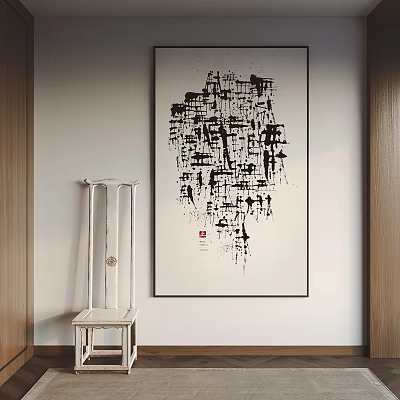 Modern Minimalist Abstract Black And White Art Painting With White Wooden Chair And Light Wall 3d model