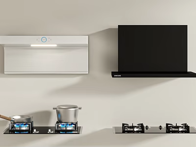 Modern Kitchen Cooking Appliances With Range Hood Gas Stove And Pots 3d model