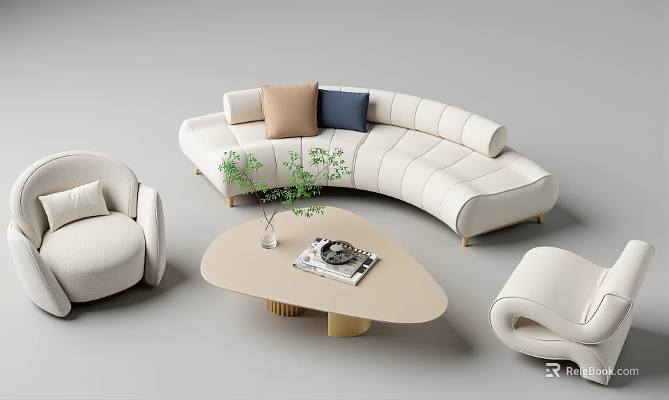Modern Curved Sofa Set with Light Beige Upholstery Decorative Pillows Coffee Table and Potted Plant 3d model 