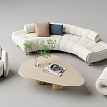 Modern Curved Sofa Set with Light Beige Upholstery Decorative Pillows Coffee Table and Potted Plant