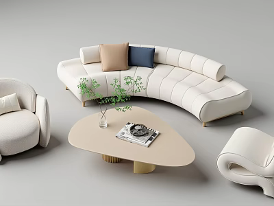 Modern Curved Sofa Set with Light Beige Upholstery Decorative Pillows Coffee Table and Potted Plant 3d model