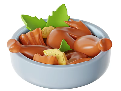 Blue Bowl Filled With Brown Meat Pieces Yellow Vegetables And Green Leaves 3d model