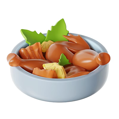 Blue Bowl Filled With Brown Meat Pieces Yellow Vegetables And Green Leaves 3d model