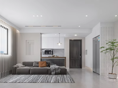 Minimalist Living and Dining Room Interior With Gray Sofa Open Kitchen And Pendant Lights 3d model
