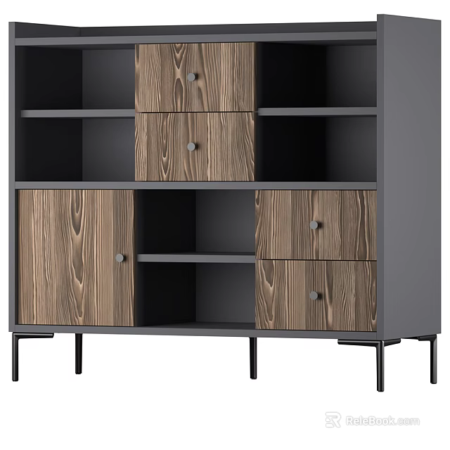Modern Decorative Cabinet Featuring Wooden Panels Open Shelves Drawers And Metal Legs 3d model 