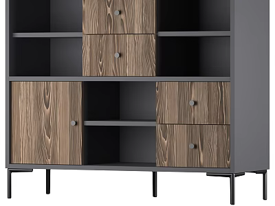 Modern Decorative Cabinet Featuring Wooden Panels Open Shelves Drawers And Metal Legs 3d model