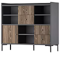 Modern Decorative Cabinet Featuring Wooden Panels Open Shelves Drawers And Metal Legs