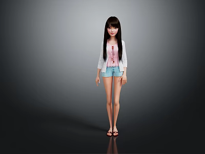 Human Female Character In Casual Outfit With Pink Top White Cardigan Blue Shorts And Sandals 3d model