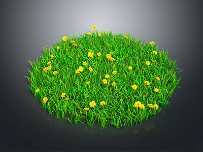 Lush Circular Green Grass With Bright Yellow Flowers On Dark Background 3d model
