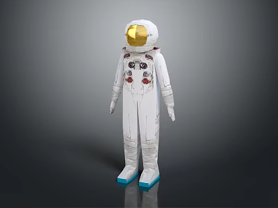 Man in white spacesuit with gold helmet and blue boots against dark background 3d model