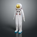 Man in white spacesuit with gold helmet and blue boots against dark background