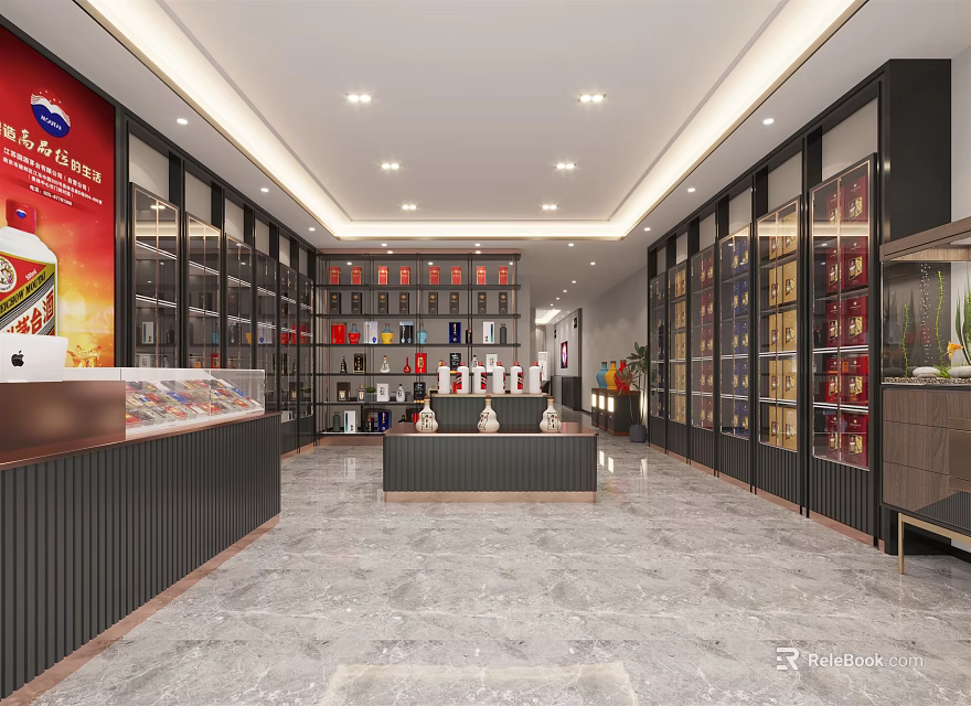 Modern Tobacco and Alcohol Store Interior Design With Display Cabinets Shelves and Liquor Tobacco Products 3d model 