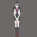 Anime Girl With Black Hair And Red Eyes Wearing School Uniform White Cardigan Red Bow
