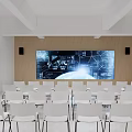Modern Conference Room With Round Table White Office Chairs And Large Earth Data Screen