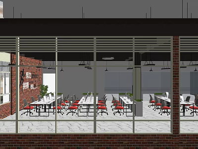 Open Public Office Space with Glass Walls Red Brick Desks Chairs Pendant Lights and Plants 3d model