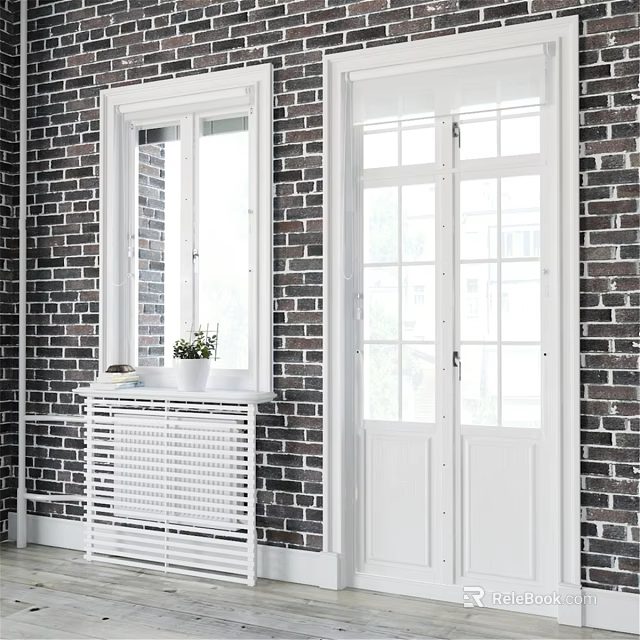 White Casement Windows In Interior With Brick Wall And Potted Plant On Windowsill 3d model 