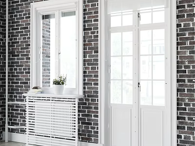 White Casement Windows In Interior With Brick Wall And Potted Plant On Windowsill 3d model