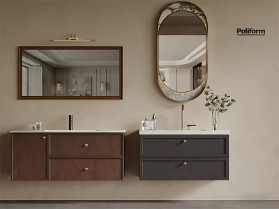 Modern Bathroom Vanities with Brown Dark Gray Cabinets Wall Sconce Rectangular Oval Mirrors Faucets Toiletries 3d model