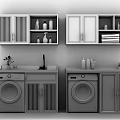 Modern Double Vanity with Washer and Storage Cabinets in Gold Gray Design