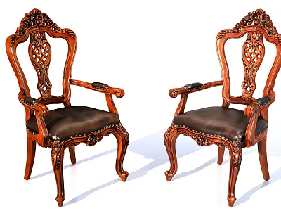 Ornate Wooden Accent Chairs With Carved Backrests Armrests And Leather Seats 3d model