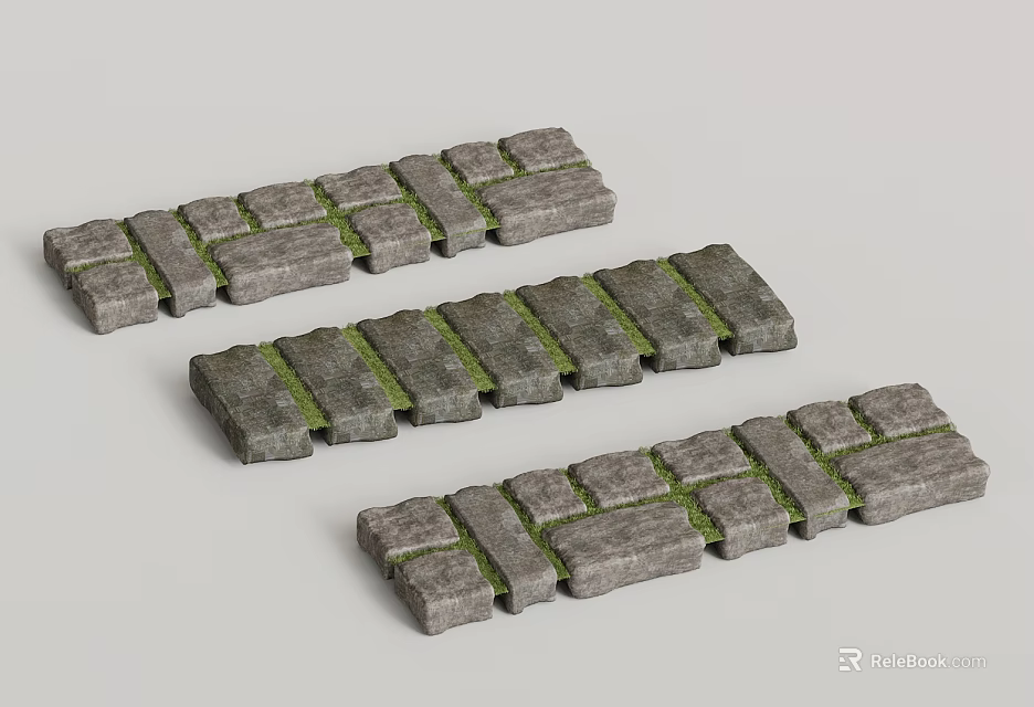 Gray Brick Paving Stone Models With Green Grass Filling In Long Strips On Gray Background 3d model 