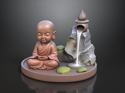 Decorative Ornament Set With Sitting Monk Figurine Rock Waterfall And Green Pebbles On Circular Base 3d model
