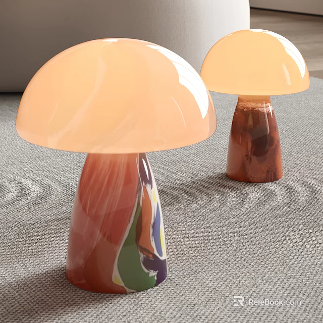 Modern Mushroom Shaped Table Lamps With Light Orange Shades And Colorful Bases On Carpet 3d model 