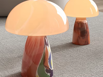 Modern Mushroom Shaped Table Lamps With Light Orange Shades And Colorful Bases On Carpet 3d model
