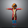 Vibrant Dinosaur Costume Worn by Person Standing With Arms Outstretched in Orange Blue Red
