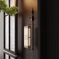 Traditional Chinese Style Wall Lamp On Wooden Wall With Green Plant And Frosted Glass Window