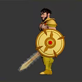 Muscular Man in Gold and Red Armor Holding Spear and Shield